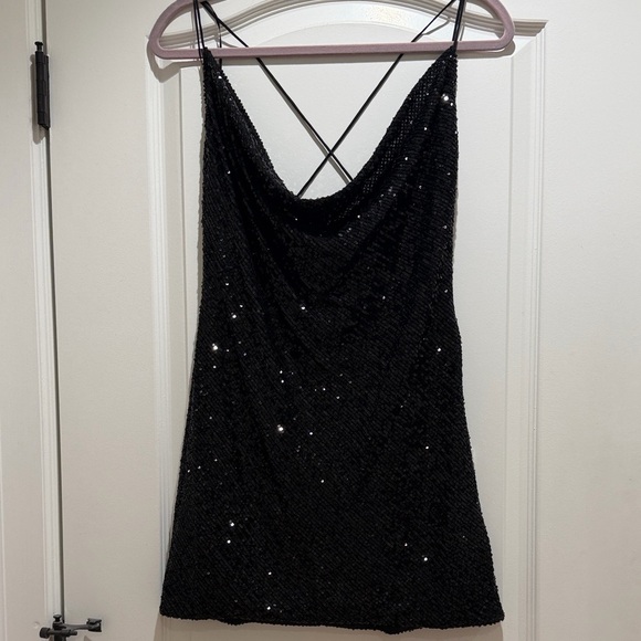JAYGODFREY Black Sequin Cowlneck Mini Dress with Crisscross Back - Picture 3 of 6
